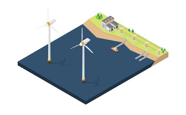 Wind turbine power plant in isometric view