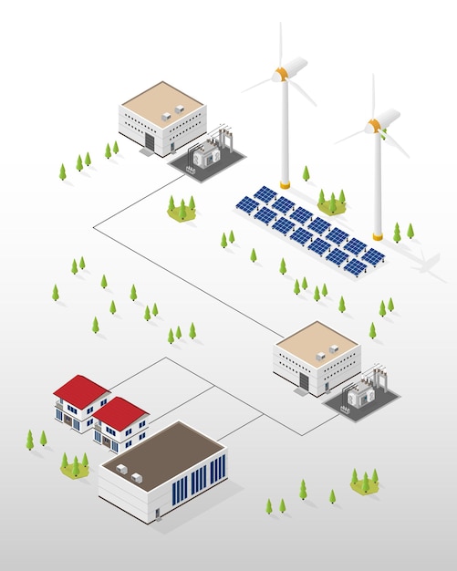 Wind turbine and solar cell energy isometric graphic