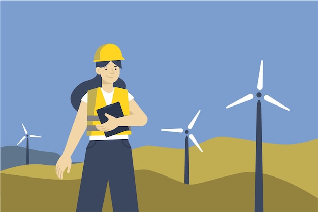 wind turbine woman worker in hard hat near windmills renewable energy concept illustration