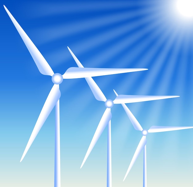 Vector wind turbines on the blue sky background and sun