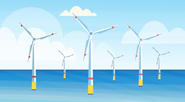 Wind turbines clean alternative energy source renewable water station concept seascape background  horizontal