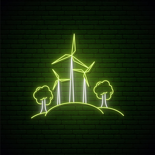Vector wind turbines generating electricity in neon style.