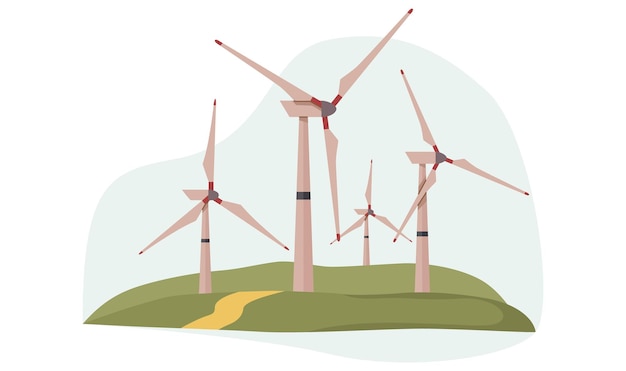 wind turbines on green hills in minimalist illustration vector illustration