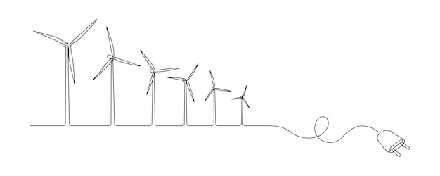 Wind turbines and plug in one continuous line drawing green energy and renewable source of power concept in simple linear style editable stroke doodle vector illustration