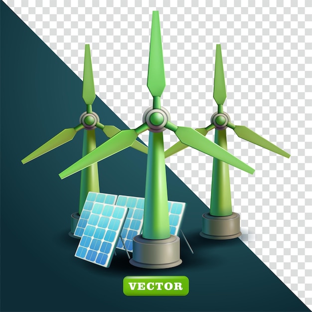 Wind turbines and solar panels green energy 3d vector Suitable for design elements