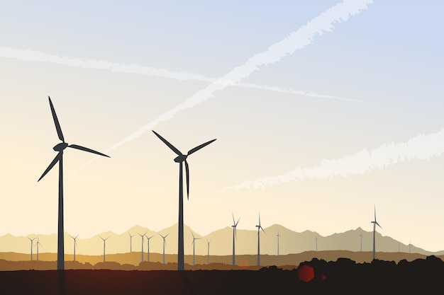 Vector wind turbines at sunrise vector landscape illustration green power of future sustainable energy