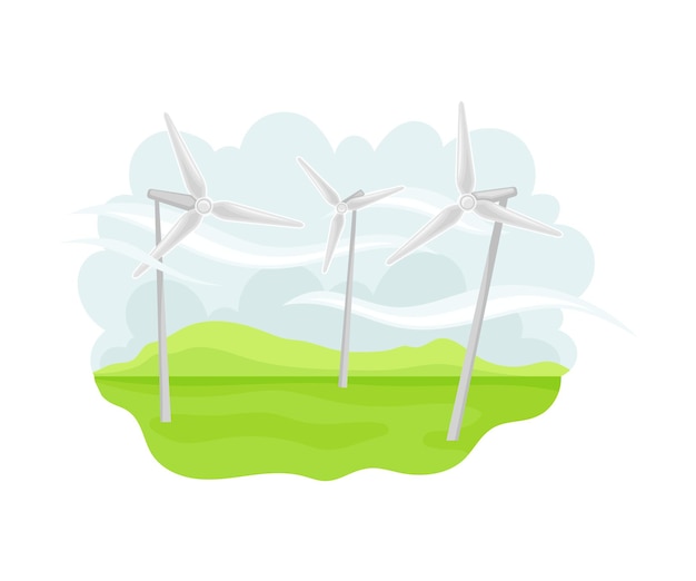 Winddriven generators on green field as natural resource for mechanical energy production vector