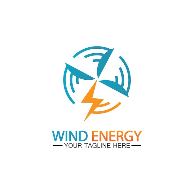 Windenergie logo hernieuwbare energie icoon met windturbines en bliksemschicht geïsoleerd op witte achtergrond