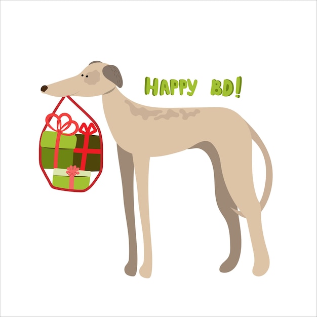 Vector windhondhond met een groot boeket wilde bloemen en de inscriptie happy bd card