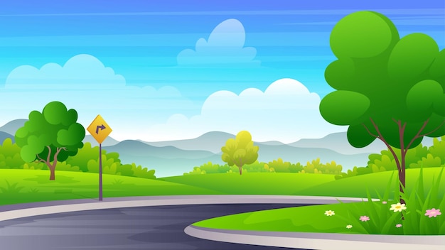 Vector winding road on the green hill with beautiful mountain natural landscape cartoon illustration