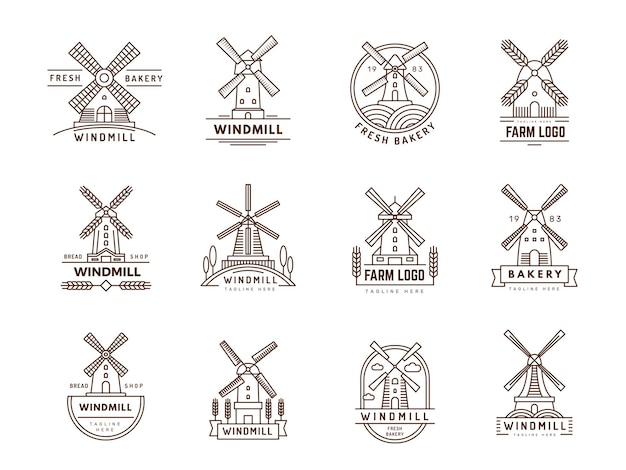 Значки ветряной мельницы. Шаблоны логотипов природы с изображениями ветряных мельниц. Сельские символы фермы. Недавние векторные иллюстрации ветряной мельницы. Шаблон эмблемы фермы. Значок сельского хозяйства.
