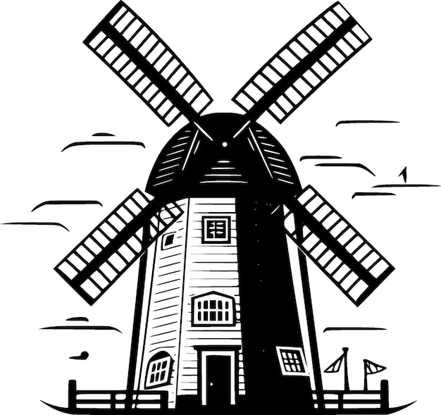 Вектор Черно-белая векторная иллюстрация ветряной мельницы