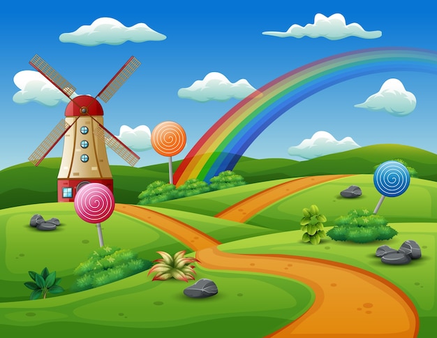 A windmill and candy on a nature background