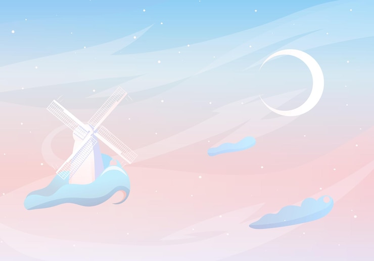 Vector 구름 속의 풍차, 초승달, 별, 저녁 또는 아침 하늘, 분홍색 파스텔 색상