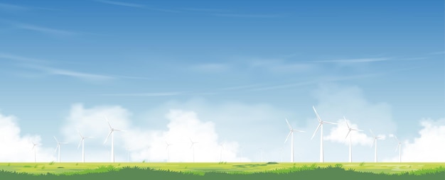 Windmill for electric power productions on green grass fields