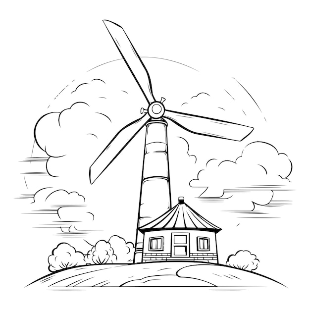 Vettore mulino a vento sulla collina illustrazione vettoriale in bianco e nero per il libro da colorare
