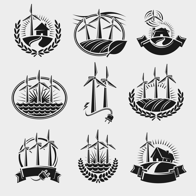 Vector windmill labels and elements set collection icon windmill vector