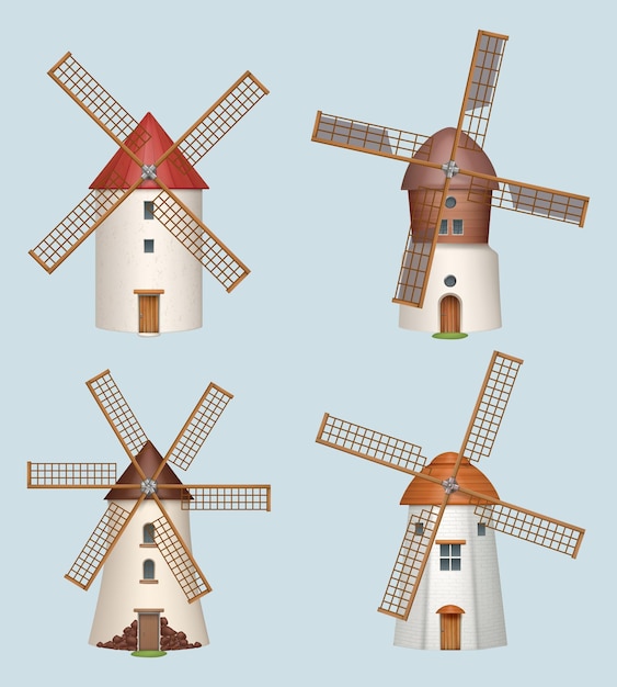 Windmill traditional rural medieval construction for milling flour decent vector realistic template