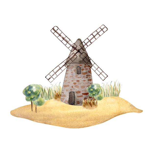 Винтажная акварельная иллюстрация ветряной мельницы, изолированная на белом фоне, сельская хлебопекарная мельница, нарисованная вручную.