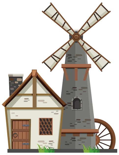 白い背景の上の納屋と風車