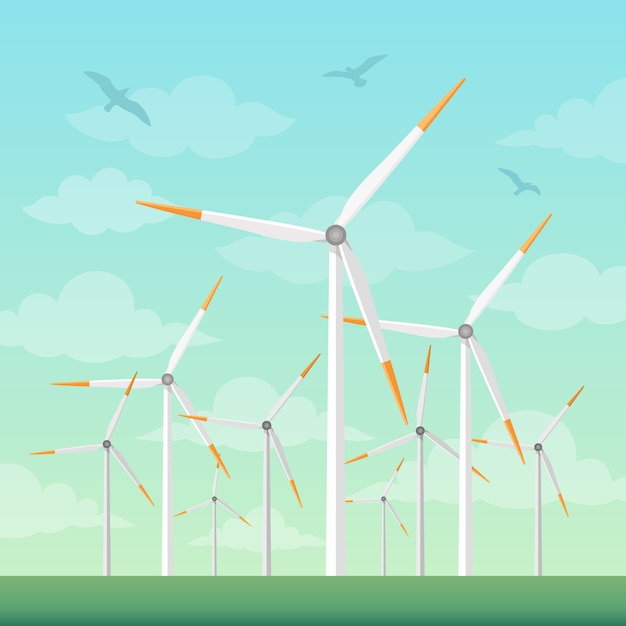 Vector windmills on green fields vector illustration