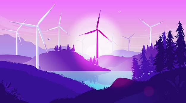 Windmills in landscape illustration of wind turbines in nature with sunrise and beautiful pink sky