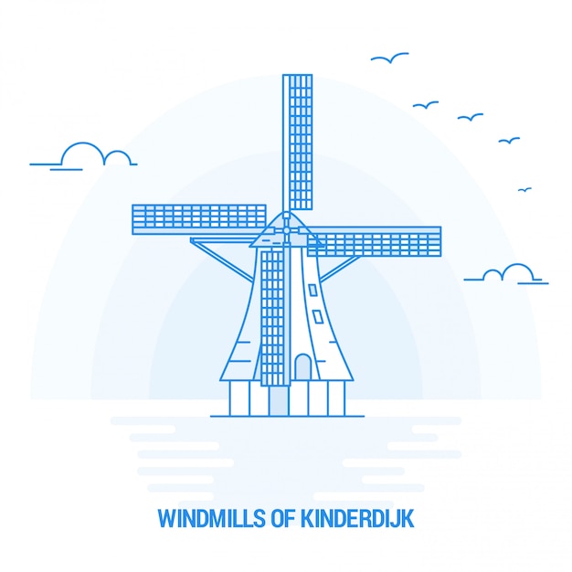 Kinderdijk 블루 랜드 마크의 Windmills