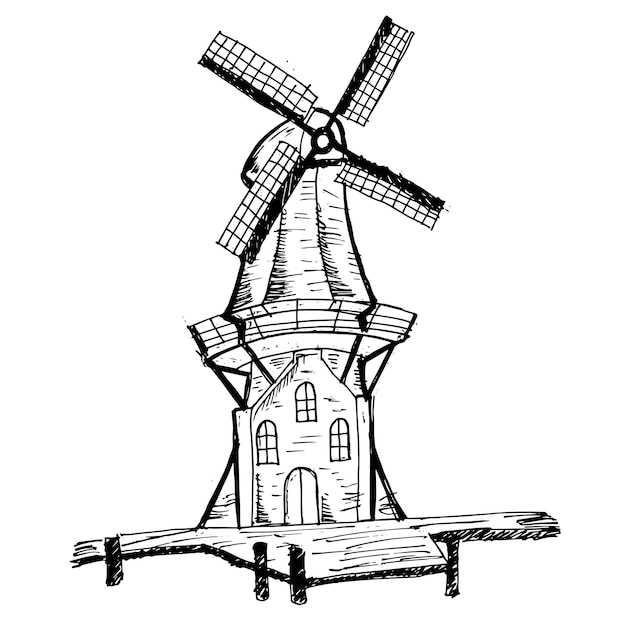 Windmolen gebouw schets tekening vector design