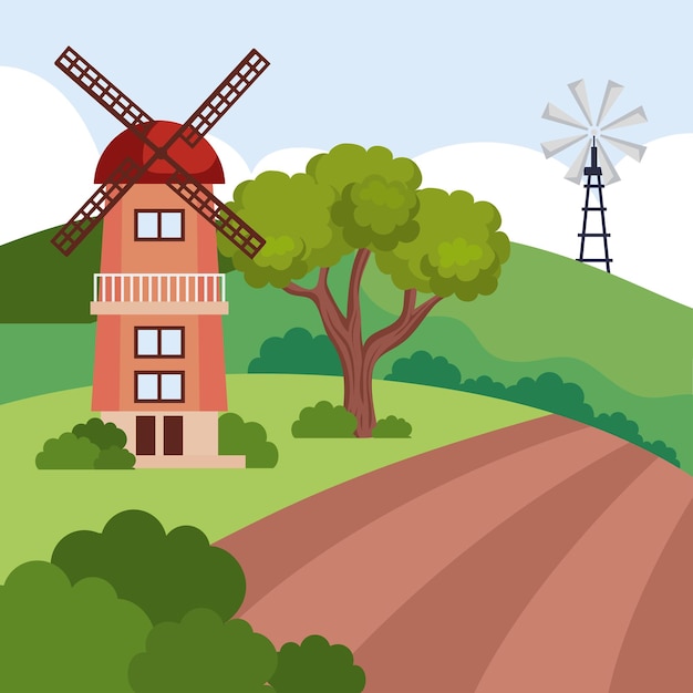 windmolen in de scène van de kampboerderij
