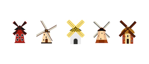 Vector windmolen pictogramserie. vlakke reeks van vector geïsoleerde de pictogrammeninzameling van de windmolen