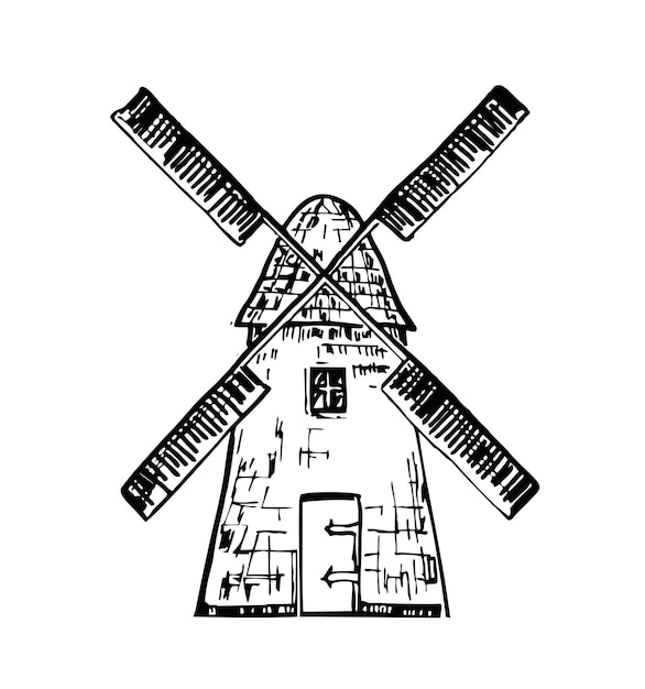 Vector windmolen schets hand getrokken vintage molen gegraveerde stijl vector dorp molen huis doodle geïsoleerd