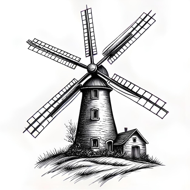 Windmolen Vector Tattoo Zwart en wit Windmolen Silhouet Vector Tattoo Illustratie