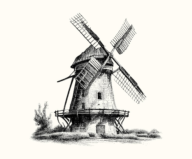 Windmolen Vintage oude windmolen Handgetekend voor uw ontwerp getekend met zwarte inkt