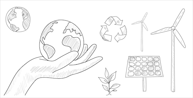 Windmolen, zonnepaneel, recycle en aarde in menselijke hand. Energiebesparend. Hand tekenen schets lijn vect