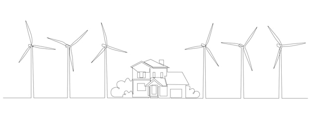 Windmolenparkturbines en windmolen met familiehuis in één ononderbroken lijntekening groene energie en vernieuwbare bron van machtsconcept in eenvoudige lineaire stijl doodle vectorillustratie