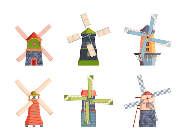 Windmolens Platte landelijke gebouwen watertorens Nederland windmolens opzichtige vector platte huizen cartoon collectie geïsoleerd