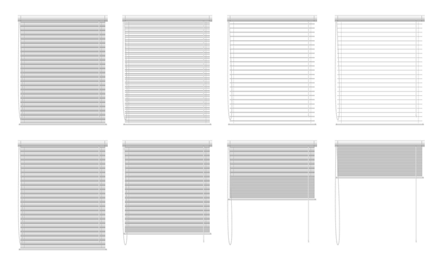 Window blinds open animatie Stages van Venetian blinds openen en sluiten horizontale lamel blinds opties voor venster decor geïsoleerde vector illustratie set