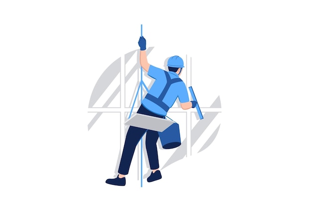 Vector window building skyscraper cleaner wearing helmet and safety equipment hanging on rope