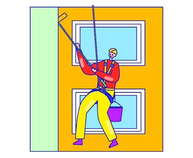 Vector window cleaner in harness washing highrise building worker with equipment cleaning office exterior