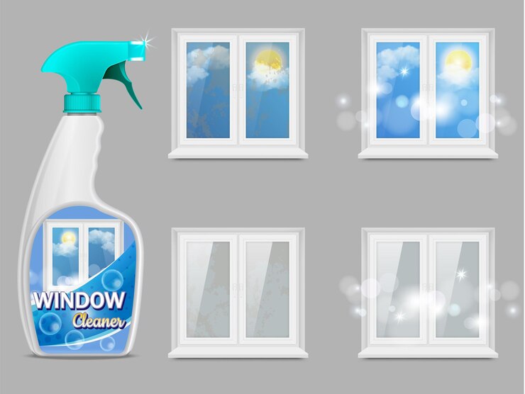 Vector window cleaning detergent, vector 3d realistic illustration. clean windows and handy plastic trigger spray bottle mockup. window cleaner product for poster, banner etc.