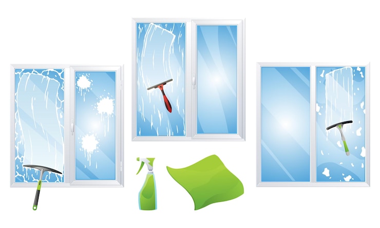 Vector window cleaning service concept with glass scraper and spray vector illustration window cleaning spray