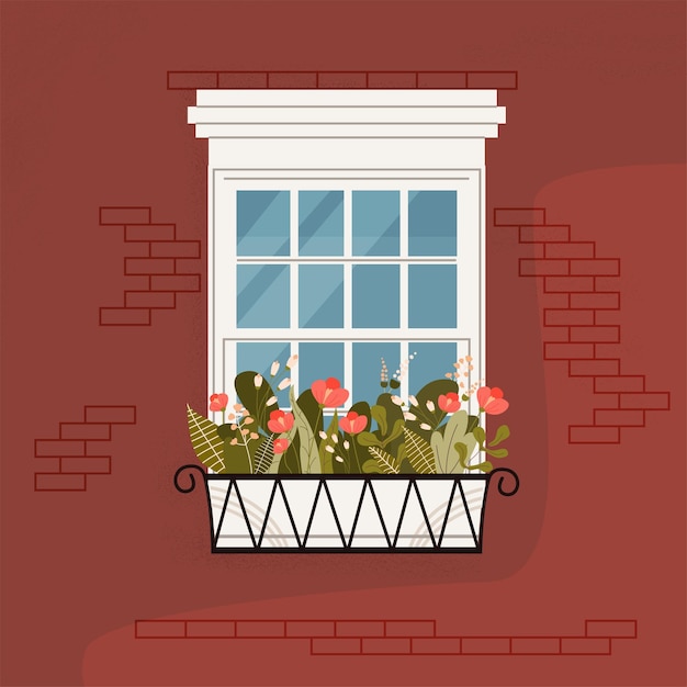 벡터 식물과 녹지로 장식 된 창 살아있는 꽃으로 건물의 외관 장식