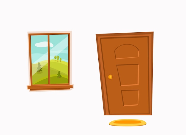 Vector window and door cartoon colorful vector illustration with valley summer sun landscape with road trees green field house apartment entrance corridor flat design