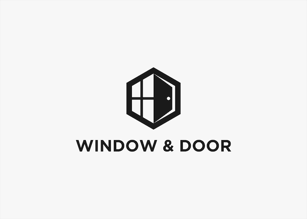 窓とドアの六角形のロゴ デザイン ベクトル シルエット イラスト