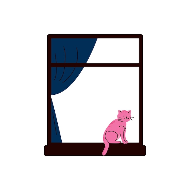 Window frame icon with cute cat sketch cartoon vector illustration isolated