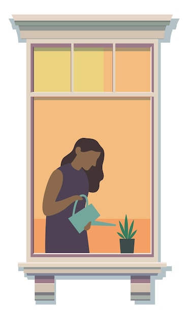 Vector window frame with neighbor watering flowers inside