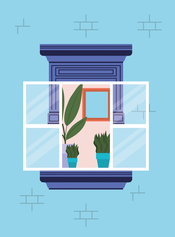Vector window from outside with view into the blue house vector design