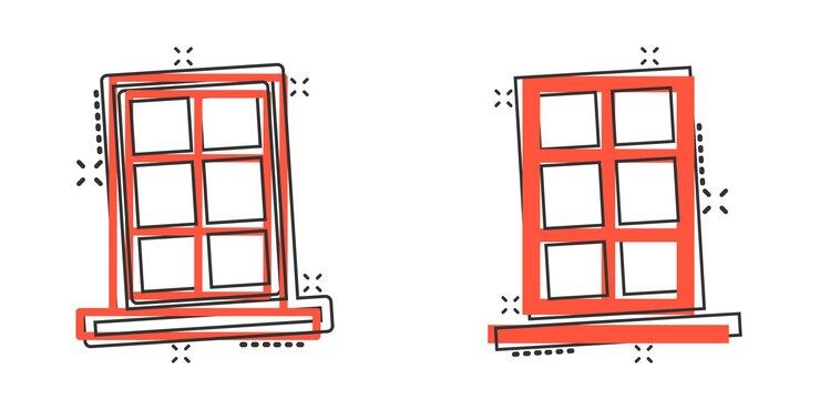 Vector window icon in comic style casement cartoon vector illustration on isolated background house interior splash effect sign business concept
