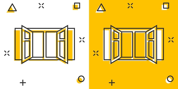 コミック スタイルのウィンドウ アイコン分離の背景に開き窓漫画ベクトル イラスト家インテリア スプラッシュ効果記号ビジネス コンセプト