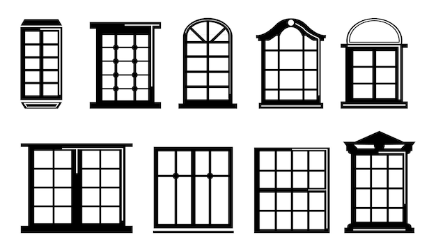 Vector window icon set symbol in outline flat style. windows outline pictograms arch and square home window